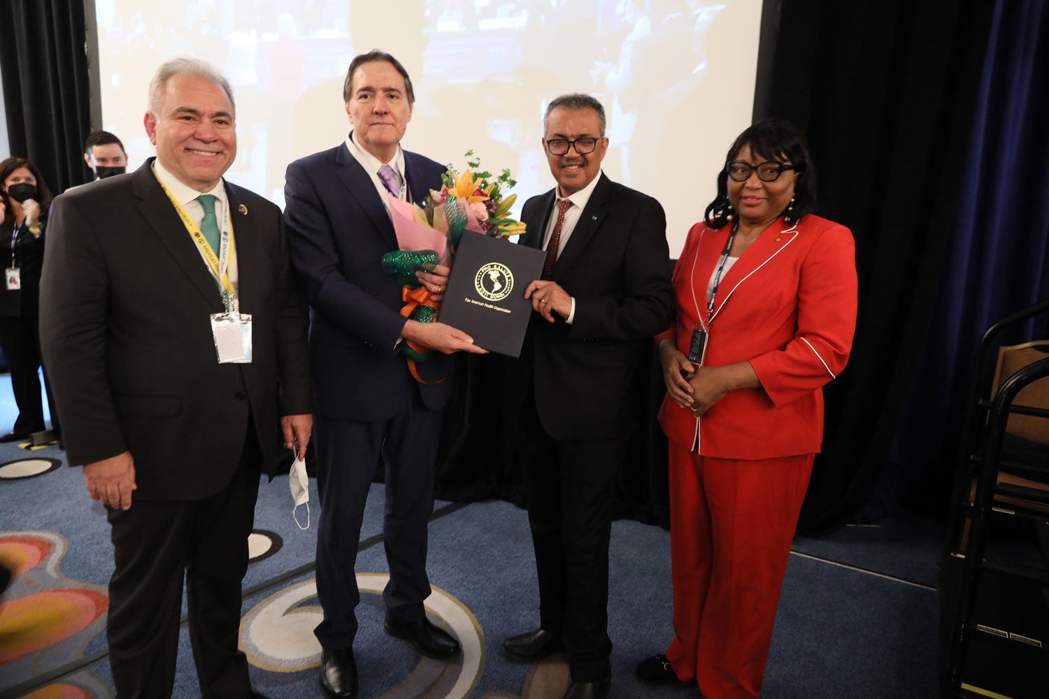 Minister of Health of Brazil,  Dr. Marcelo Queiroga, Dr. Jarbas Barbosa, Director elect of PAHO, Dr. Carissa F. Etienne, PAHO Director, and Dr. Tedros, Director General of WHO.