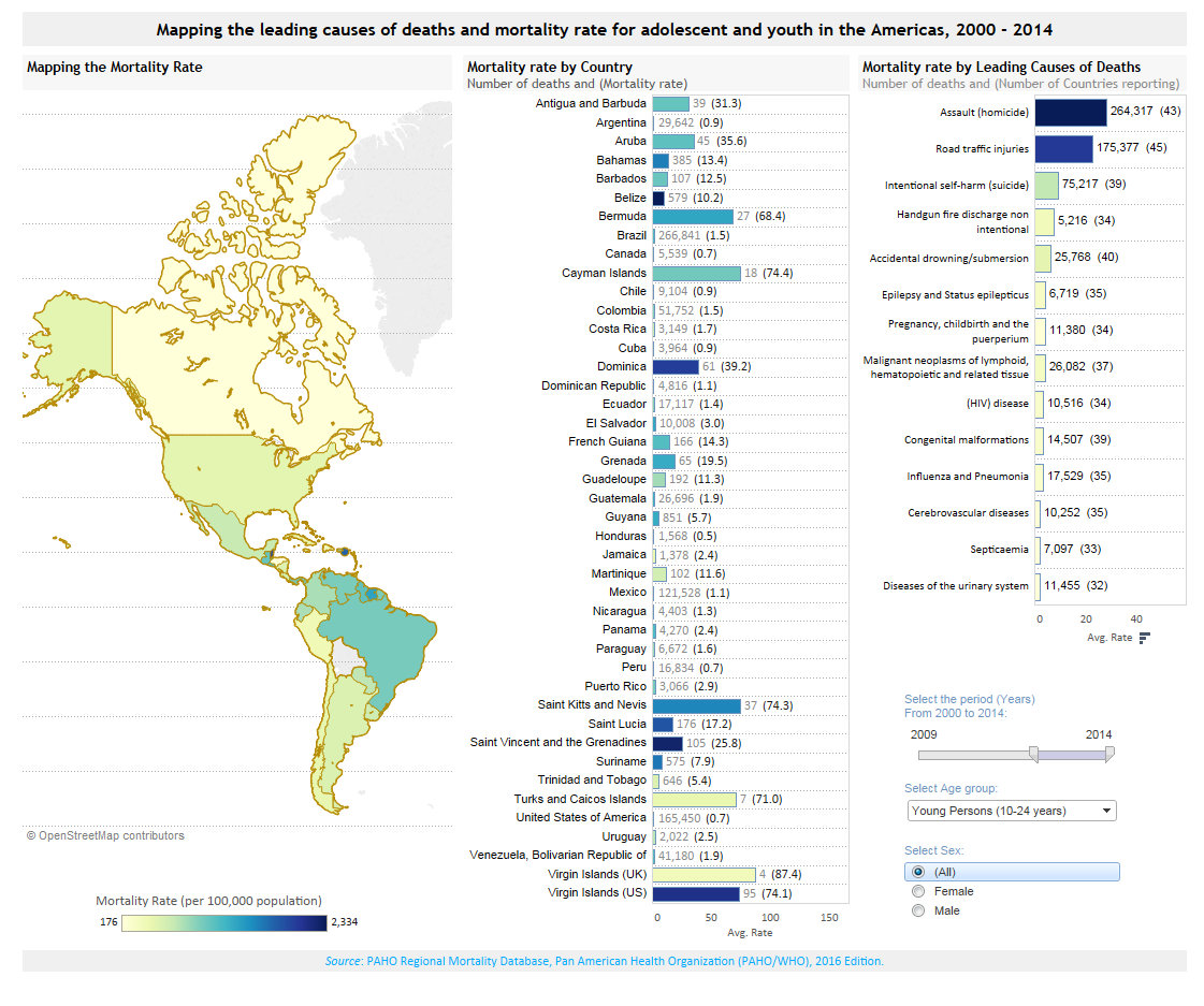 Mapping the leading causes of deaths and mortality rate for adolescent and youth in the Americas, 2000-2014