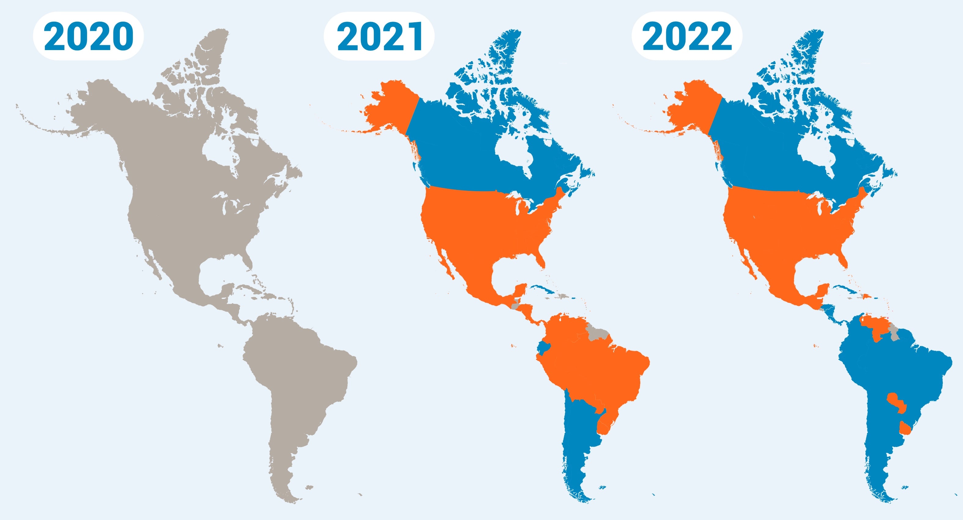 Three color-coded maps of North and South America showing changes from 2020 to 2022.