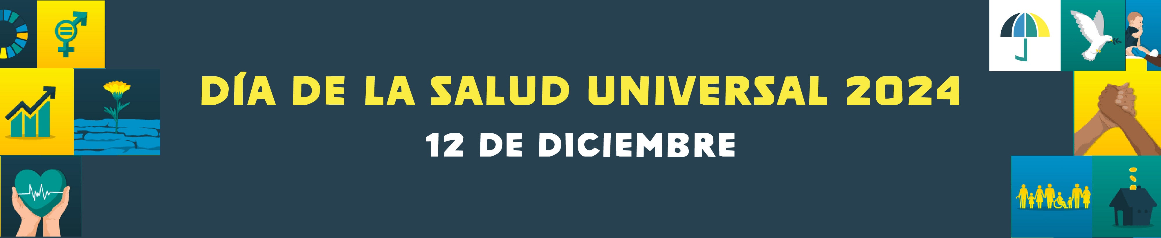 Banner del Día de la Salud Universal 2024 con paraguas con paloma de paz, inversión, solidaridad, accesibilidad, etc.