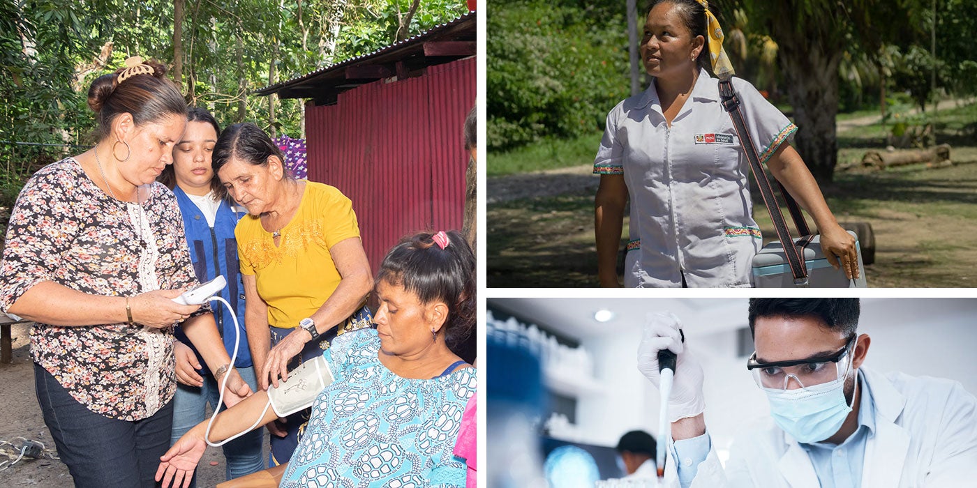 Collage of photos: vaccination of a pregnant woman in a remote area and lab research.