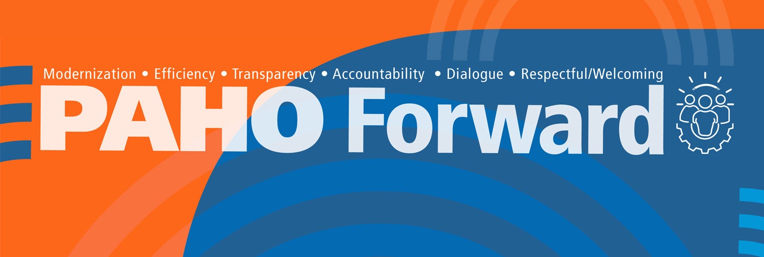 PAHO Forward banner. Text over orange and blue, PAHO's branding.