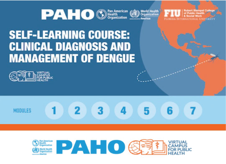 Cover Self-learning course: Clinical diagnosis and management of dengue. Ttile + logos: PAHO, FYI, Virtual Campus for Public Health 