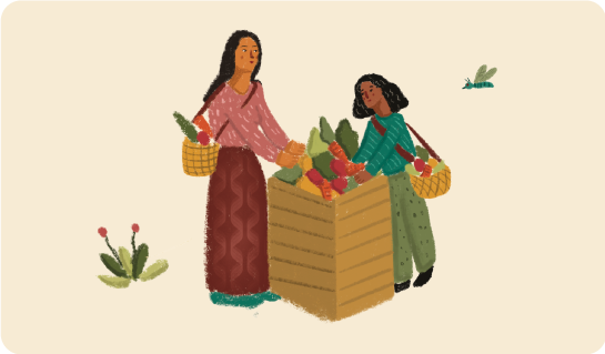 Ilustración de ds mujeres alrededor de un puesto de venta de vegetales yu frutas