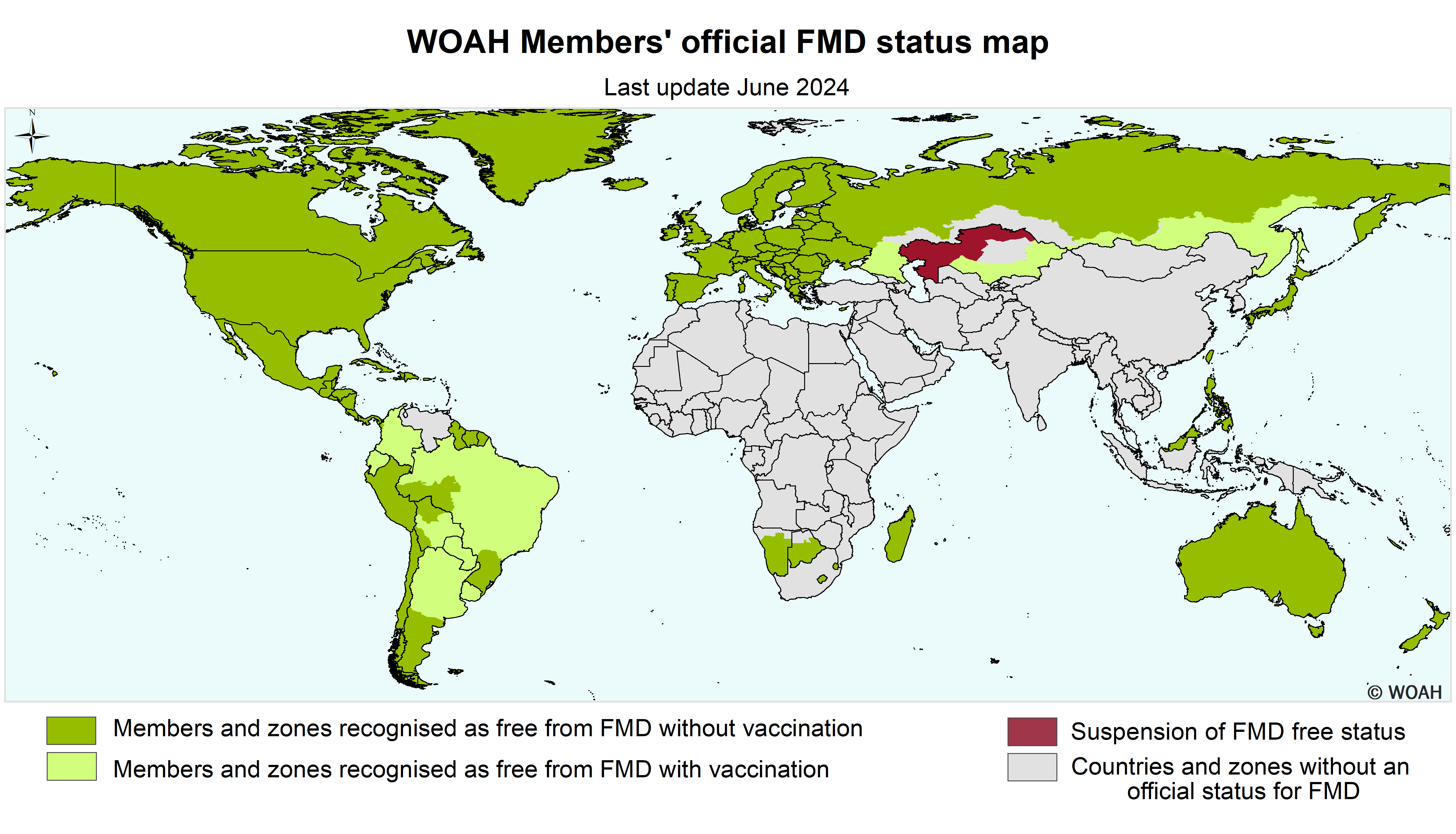 ""Mapa del estatus oficial de la fiebre aftosa de los miembros de OMSA