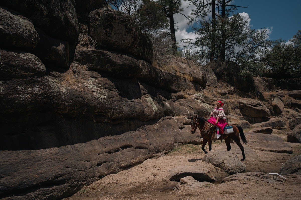 Julia on horse back going over boulders