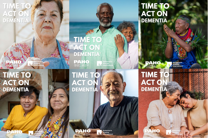 Six images of diverse elderly individuals with the text: 'Time to act on dementia.' Campaign by PAHO and Alzheimer's Disease International.