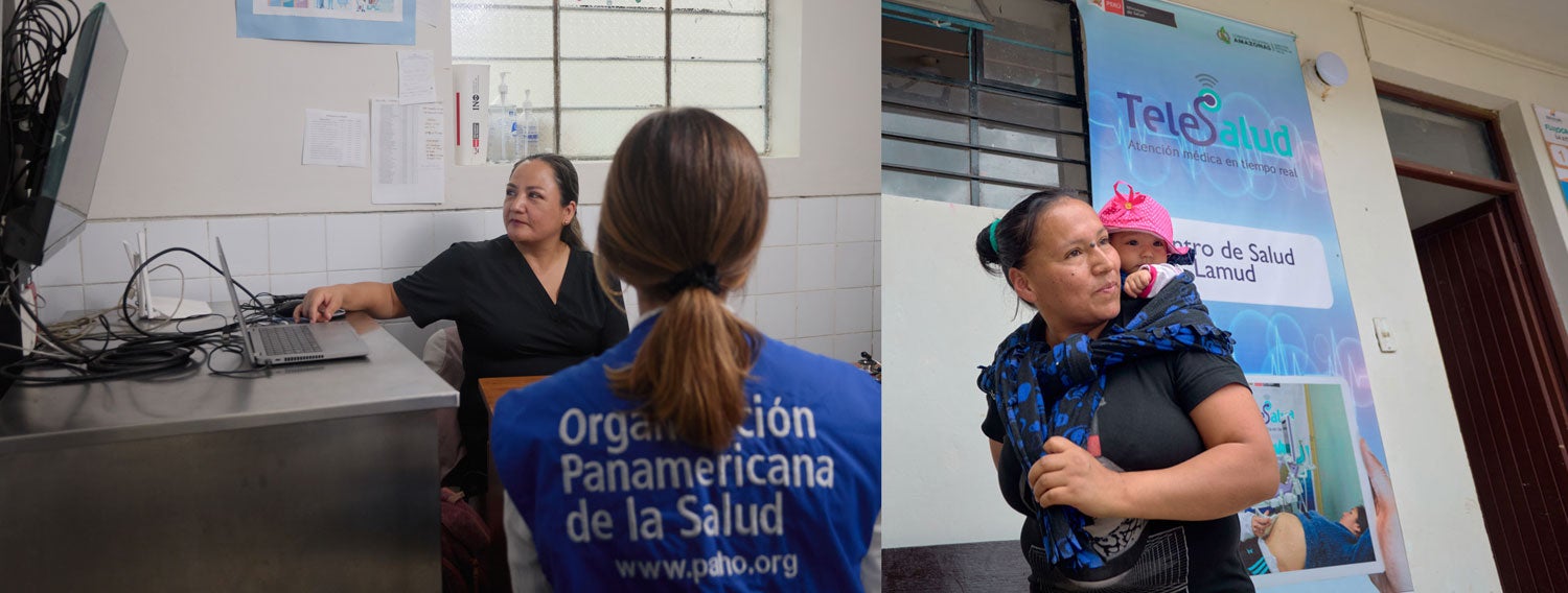 Sesión de telemedicina y madre cargando un bebé sano