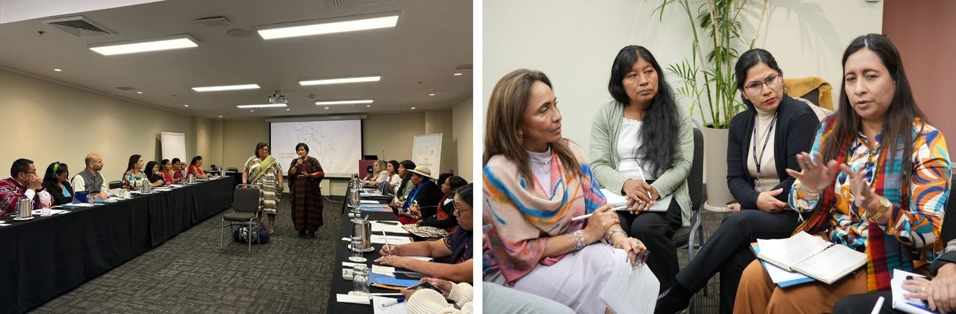 OPS/Luz Rospigliosi || Foto izquierda: Parteras del Hospital Intercultural de Atalaya realizando ceremonia de apertura a la sesión de diálogo participativo. Foto derecha: Grupo de trabajo integrado por representantes sanitarios de los países participantes y equipo técnico de la OPS, discuten sobre el marco político-normativo de los establecimientos de salud. 