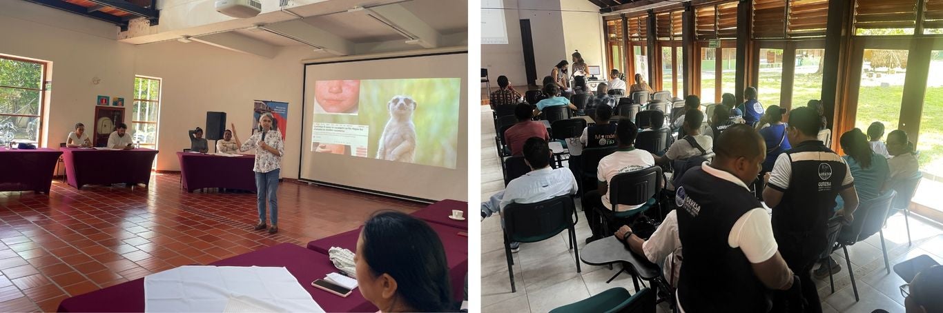 OPS/ Imagen Izquierda: Patricia Arce, Asesora de Inmunizaciones de la OPS en Perú. Imagen Derecha: Participantes de Perú y Colombia en taller de entrenamiento a agentes comunitarios en salud.