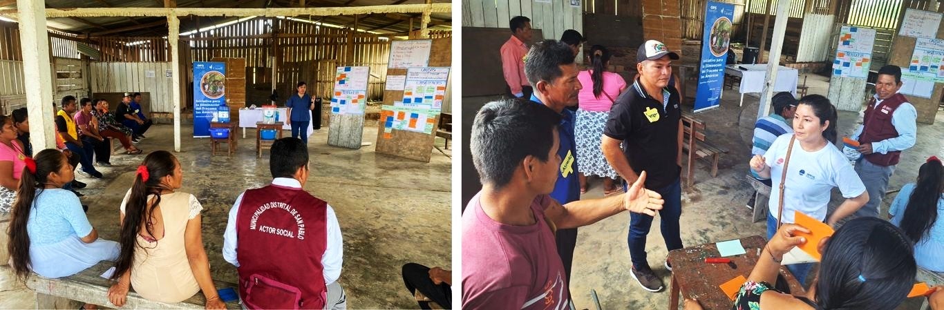 OPS/ Foto izquierda: Líderes comunitarios y autoridades locales de la comunidad de San Felipe durante la capacitación de lavado de manos. Foto Derecha: Participantes en plena sesión de diálogos de saberes. 