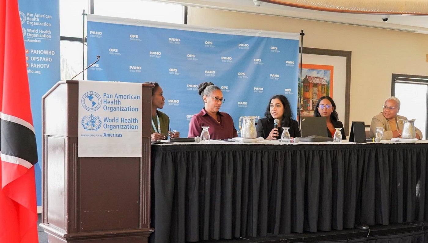 Subject  matter experts at the Head table during the panel discussion,  (L-R) Dr. Franka des Vignes, Subregional Advisor, Disease Surveillance and Epidemiology - PAHO/WHO Office of the Subregional Program Coordination, Caribbean, Professor Christine Carrington, Molecular Genetics and Virology - The University of the West Indies, St. Augustine Campus, Dr. Janine Seetahal, Clinical Assistant Professor, College of Veterinary Medicine - Kansas State Veterinary Diagnostic Laboratory, Dr. Lana Gyan, Director An