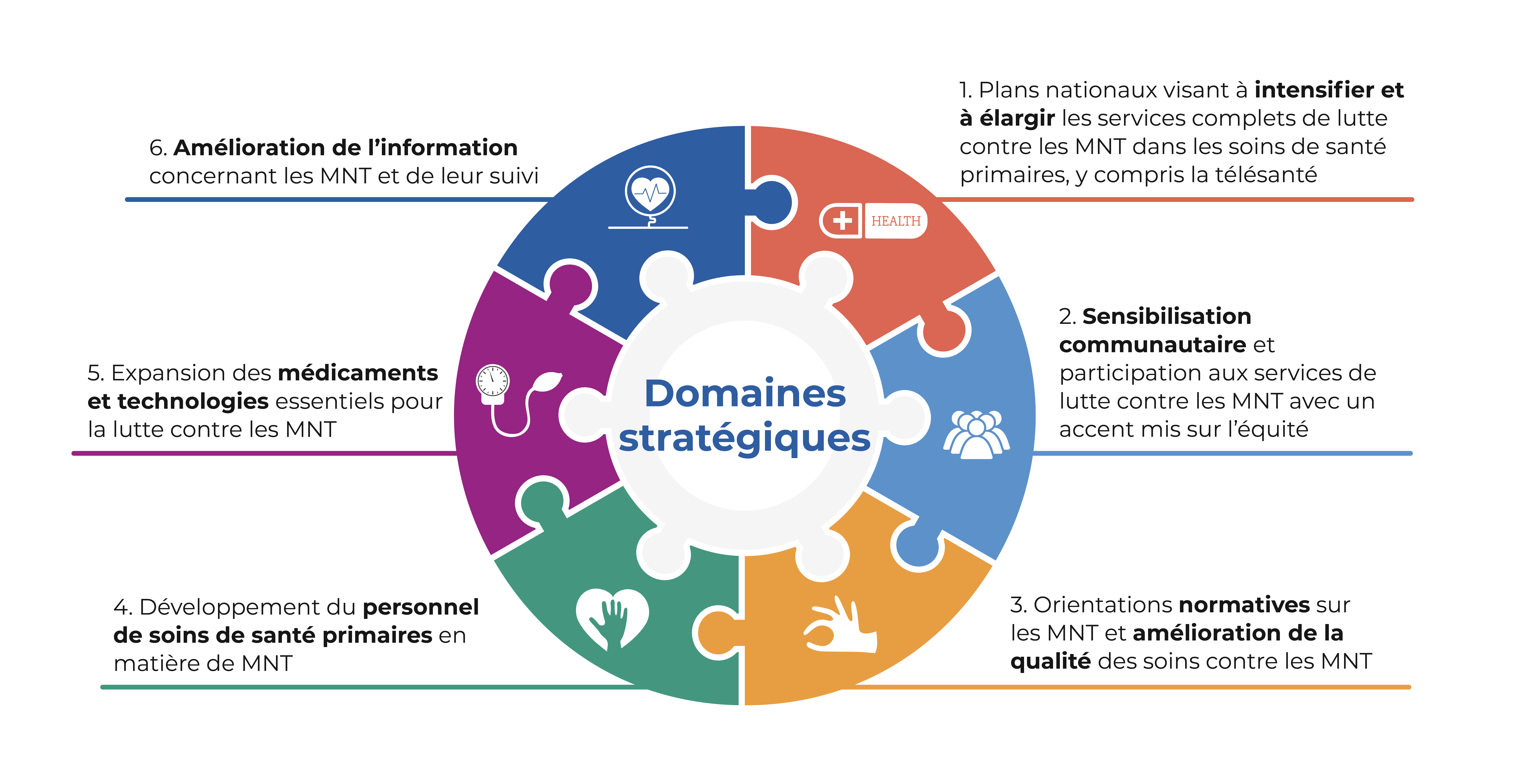 Circle divided in puzzle pieces with different color background, each one with an icon indicationg each one of the strategic areas.