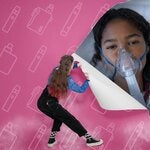 Uma rapariga a rasgar uma parede de papel cor-de-rosa, atrás da qual se encontra uma menina hospitalizada com uma máscara de oxigénio na cara.