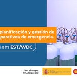 Foto de varios tanques de oxígeno. Logo ËMT ignite"+ logo de la Organización Panamericana de la Salud. Título del webinar: EMTignite: "Herramientas digitales para la planificación y gestión de oxigeno Medicinal durante preparativos de emergencia." 