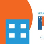 Banner web del evento. Logo con título del evento (Primera Reunión Interregional sobre el Fortalecimiento de  Capacidades de Preparación ante Emergencias en Salud y  Desastres en Ciudades y Entornos Urbanos) + Fecha: OCT. 15-17, 2024 I QUITO, ECU. Usando los elementos y colores del logo (recuadros azules con recuadros pequenos en color blanco dentro, simulando edificios y un medio círculo en color naranja emulando el sol detrás de los edificios, reflejando un concepto urbano o de ciudad