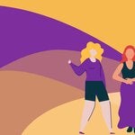 banner con mujeres naranja y violeta