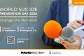 Photo of a journalist holding two microphones and a notepad. On the left, the text: World Suicide Prevention Day 2024. Change the narrative" and below the time and date