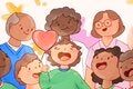 ilustración de niño con globo en la mano con forma de corazón y personas alrededor de él. Todos sonriendo