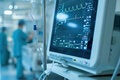 Hospital setting. The monitor with vital signs is in front. Behind are hospital beds and hospital staff.