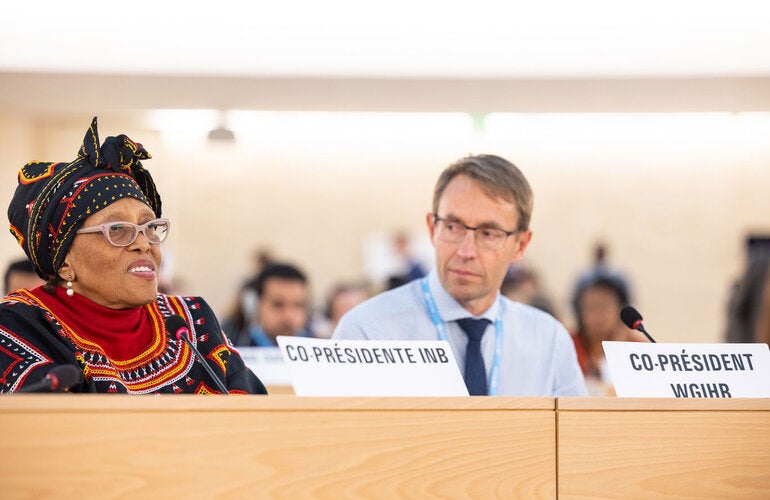 Intergovernmental Negotiating Body (INB) Co-Chair Precious Matsoso of South Africa (left); Working Group on Amendments to the International Health Regulations (2005) (WGIHR) Co-Chair Dr Ashley Bloomfield of New Zealand.