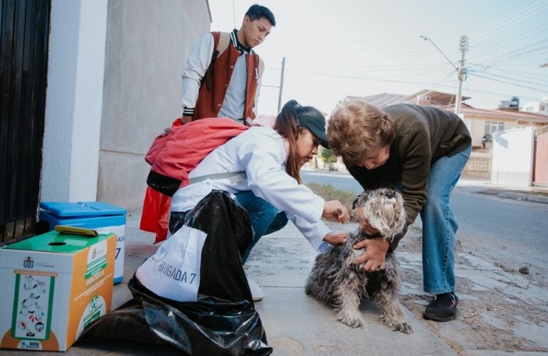 Health worker in Bolivia vaccinates a dog on the street while its owner holds it