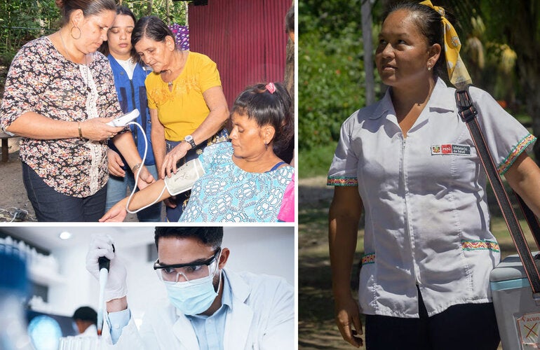 Mosaico con tres imágenes. Mujer embarazada midiéndose la presión, vacunadora y trabajador de salud en el laboratorio