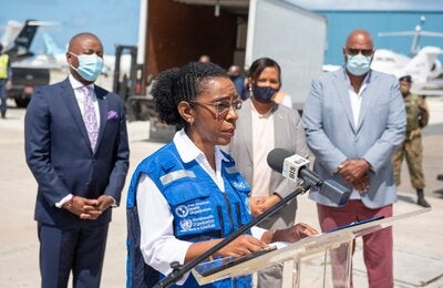 Dr Eldonna Boisson, PAHO-WHO The Bahamas and Turks and Caicos Islands Country Representative, gives remarks during the vaccine arrival ceremony