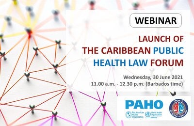Card with the title of the event, date and time, over a background of an illustration of pins linked by colourful threads. At the bottom, PAHO and the Academy for Law logos