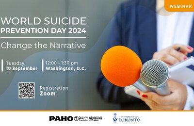 Photo of a journalist holding two microphones and a notepad. On the left, the text: World Suicide Prevention Day 2024. Change the narrative" and below the time and date