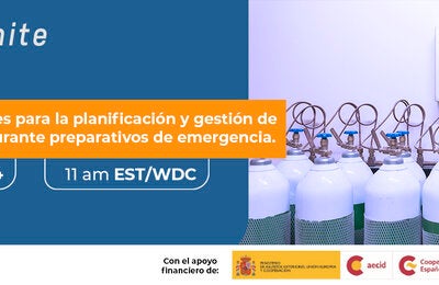 Foto de varios tanques de oxígeno. Logo ËMT ignite"+ logo de la Organización Panamericana de la Salud. Título del webinar: EMTignite: "Herramientas digitales para la planificación y gestión de oxigeno Medicinal durante preparativos de emergencia." 