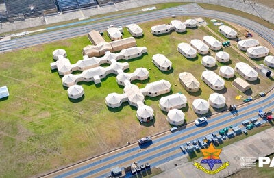 Aerial view of mobile field hospital setup in Barbados