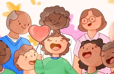 ilustración de niño con globo en la mano con forma de corazón y personas alrededor de él. Todos sonriendo