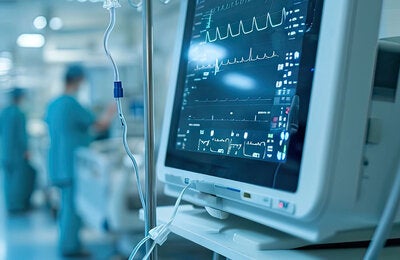 Hospital setting. The monitor with vital signs is in front. Behind are hospital beds and hospital staff.