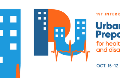 Banner: First interregional meeting on Strengthening Preparedness for Health Emergencies and Disasters in Cities and Urban Settings. Logo with letters PU resembling buildings