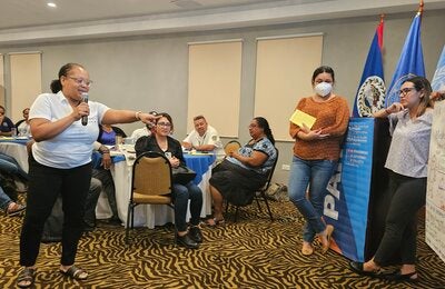 Dr Karen Broome, PAHO Regional Immunization Advisor, gives feedback to participants