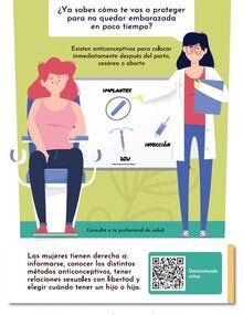 Ilustración con mujer sentada. Al lado una profesional de salud le señala en una pizarra distintos métodos anticonceptivos. Hay texto alusivo al tema y un QR que dirige a un video sobre los mitos existentes en relación a los métodos.