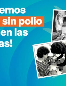 Gráfico para la celebración del 30.º aniversario del Día Mundial contra la Polio 2024. Contiene fotografías de niños vacunados, con aparatos ortopédicos y en fisioterapia.