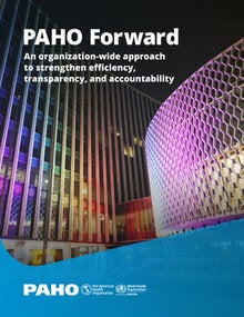 Cover with PAHO HQ building with rainbow lights