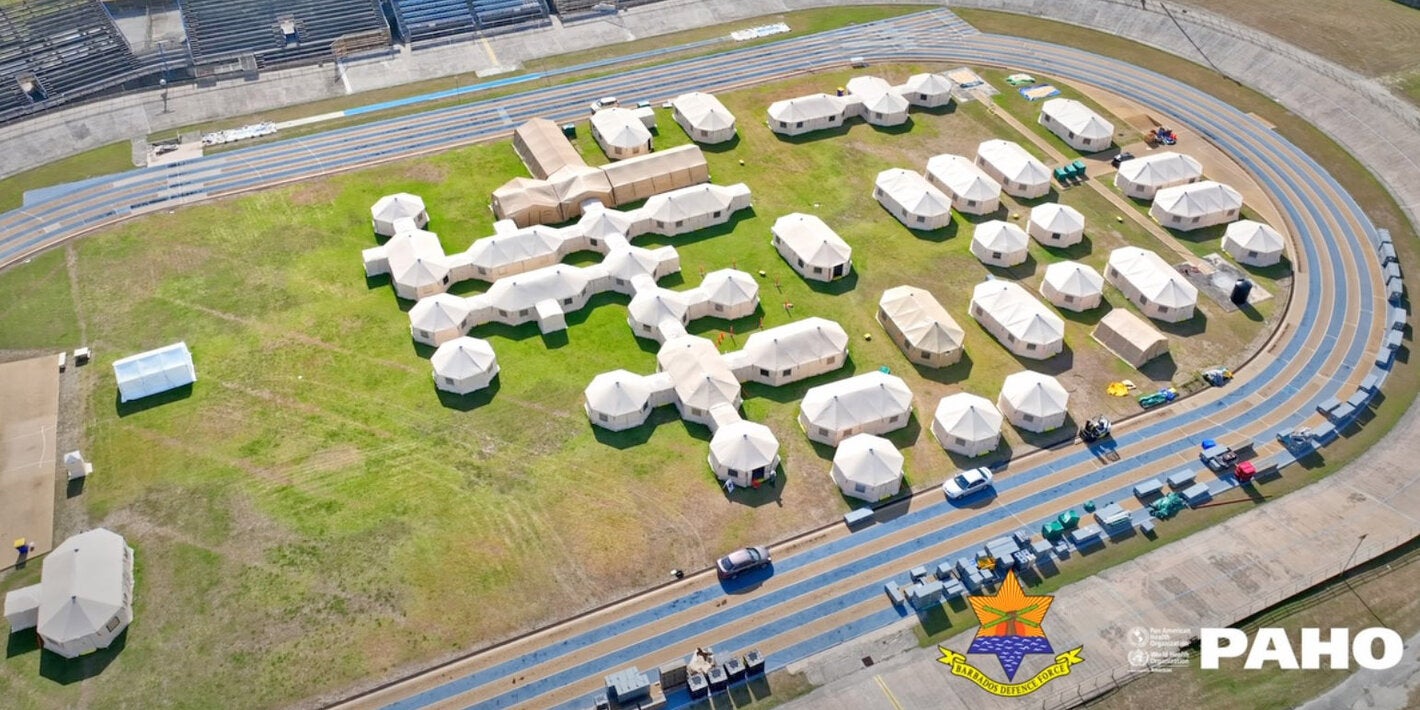 Aerial view of mobile field hospital setup in Barbados