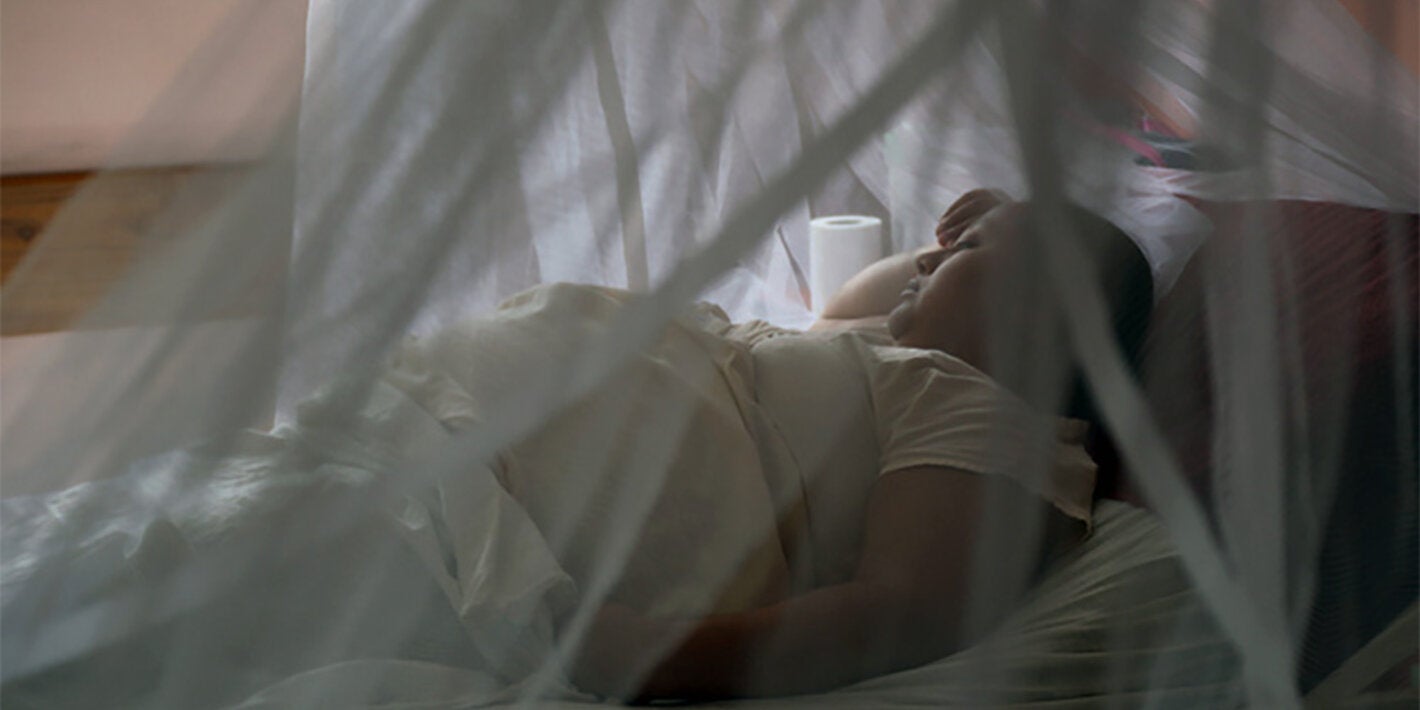 Pregnant woman behind a mosquito net