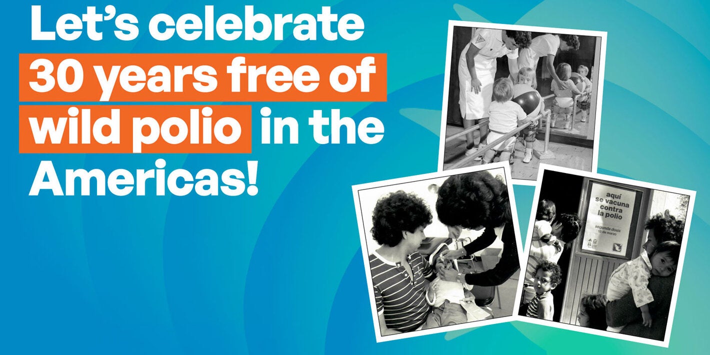 Graphic for the 30th year celebration of World Polio Day 2024. It has photos of children being vaccinated and in wearing braces and in physical therapy.