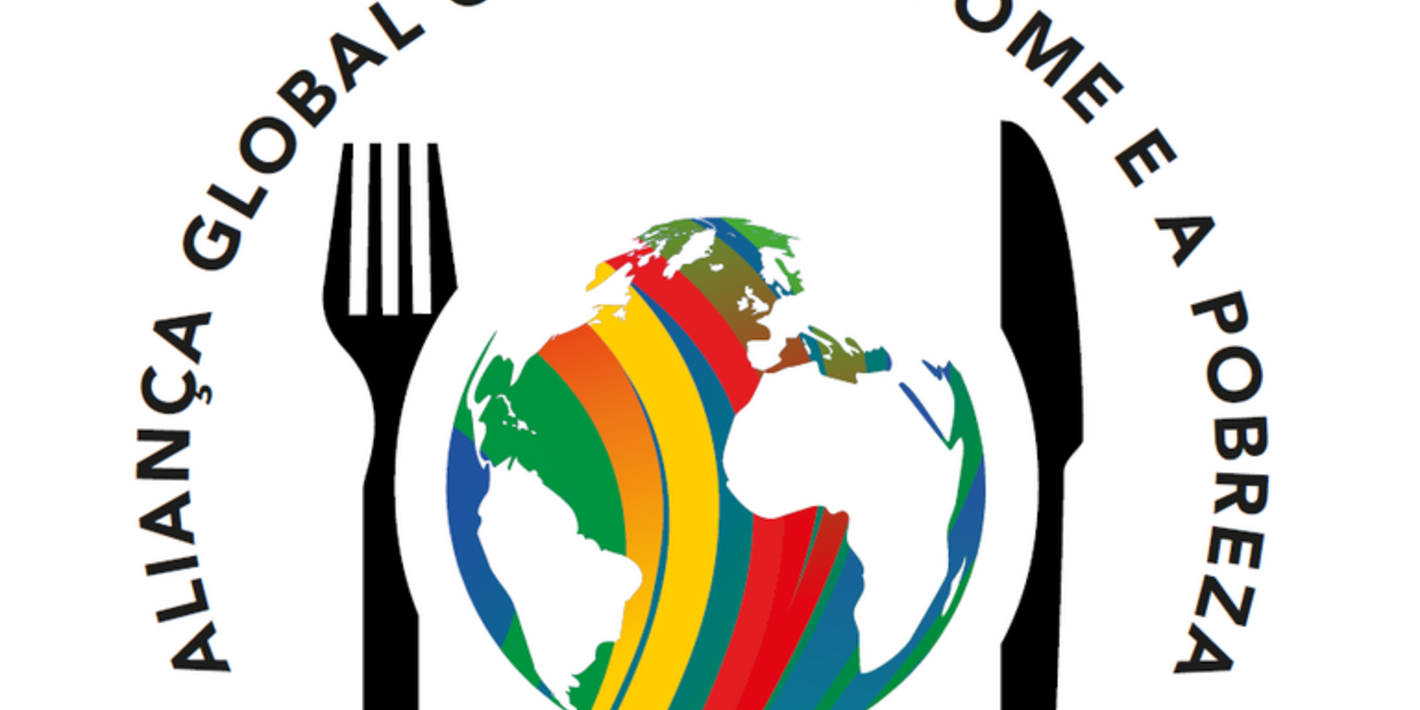 A logo of the Global Alliance Against Hunger and Poverty. Fork and knife surround the globe which acts as a plate.