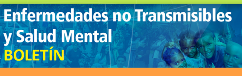 Banner horizontal que muestra en el fondo a personas realizando actividades saludables en tonos azules, y en primer plano las letras "Enfermedades No Transmisibles y Salud Mental Boletín" 