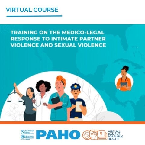 Ilustration of a group of legal, health and police workers, with the name of the course