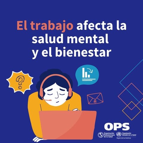 Ilustración de una persona en un ordenador trabajando y el texto «El trabajo afecta a la salud mental y el bienestar»