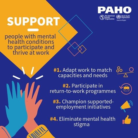 Illustration of a high five between a blue and a pink hands, on a card with the text "Support people with mental health conditions to participate and thrive at work"