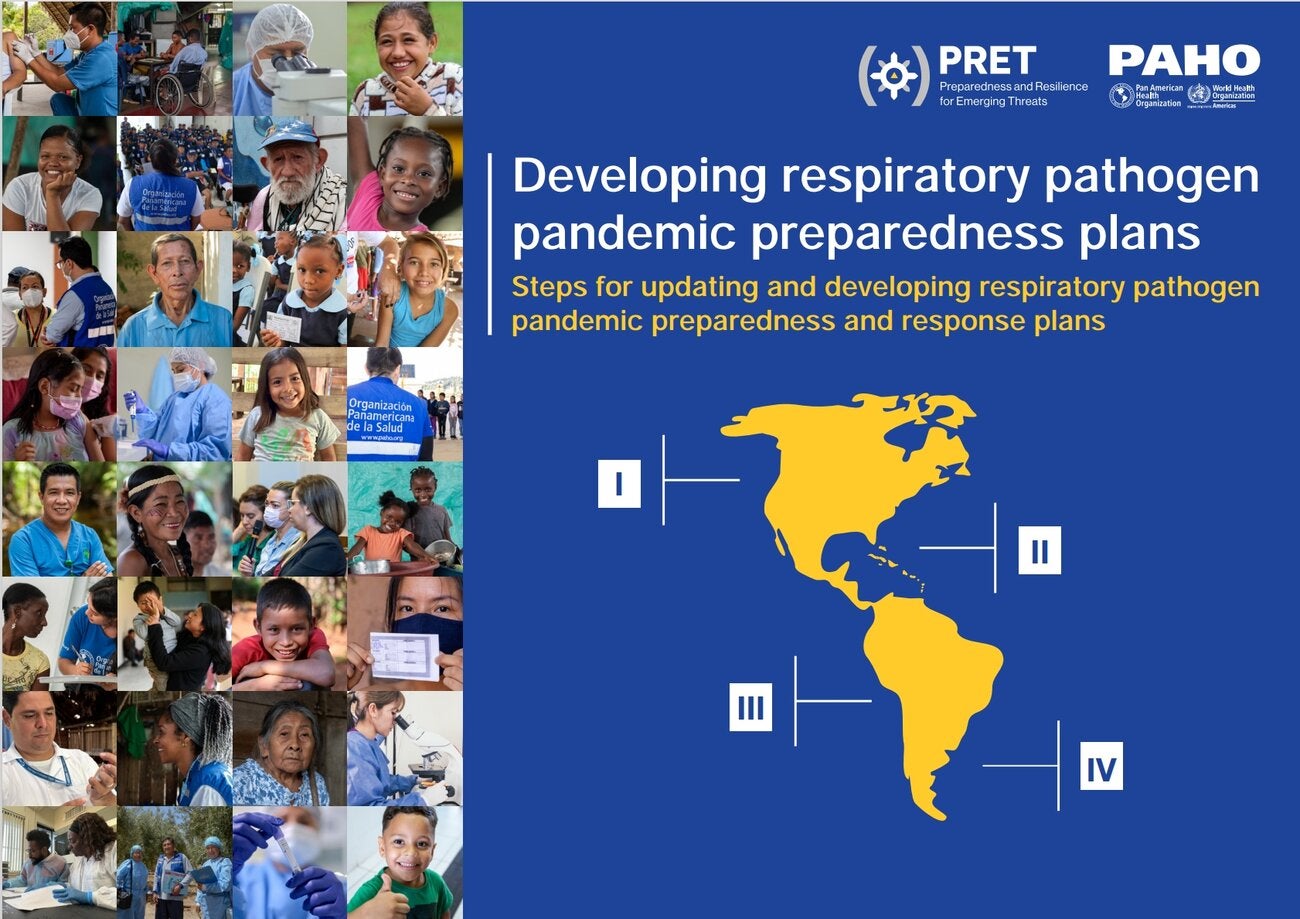 Portada "Elaboración de planes de preparación frente a pandemias de patógenos respiratorios+ PRET and PAHO logos + mapa de América + composición de retratos