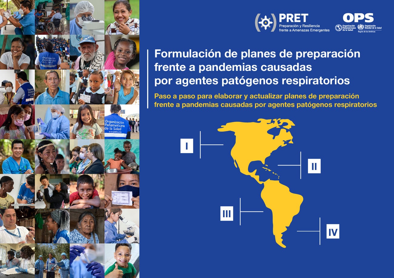 Portada Formulación de planes de preparación frente a pandemias causadas por agentes patógenos respiratorios + PRET and PAHO logos + mapa de América + composición de retratos