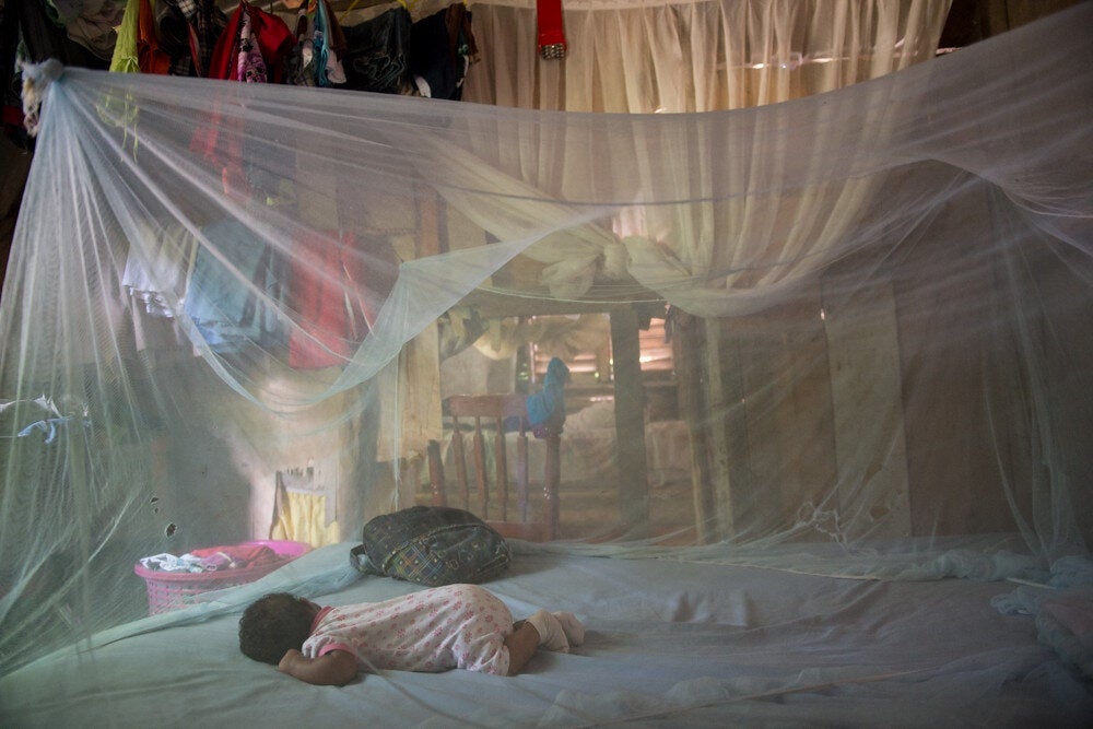 Baby sleeping in a bed covered with a mosquito net